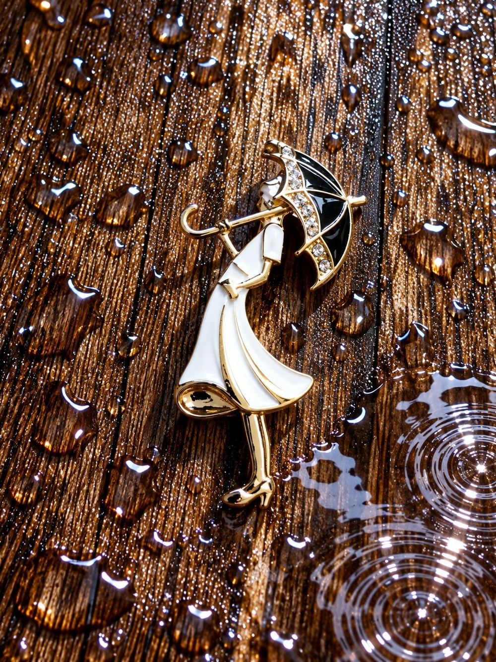 Mint Gold-Tone Lady Brooch with White Dress and Black Umbrella